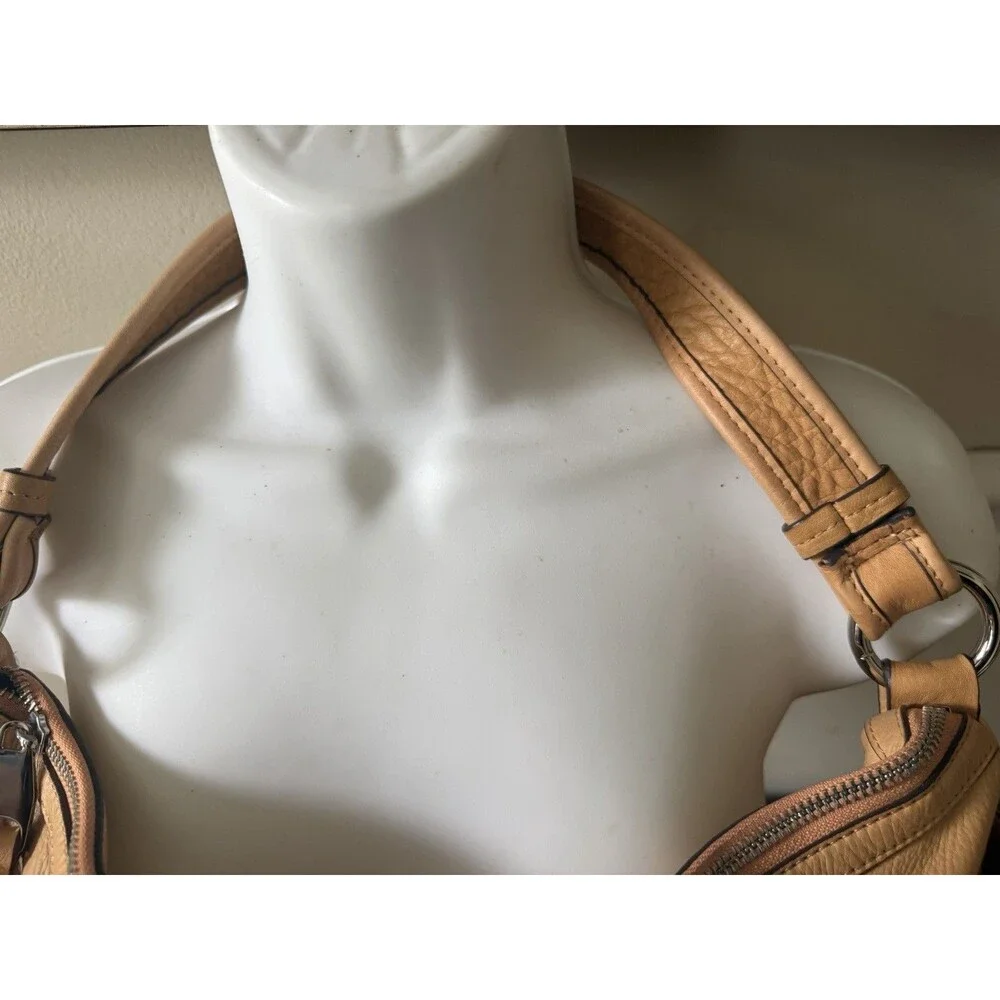 B. Makowsky Tan Leather Hobo Bag Multi-Pocket Cargo Style Silver Hardware